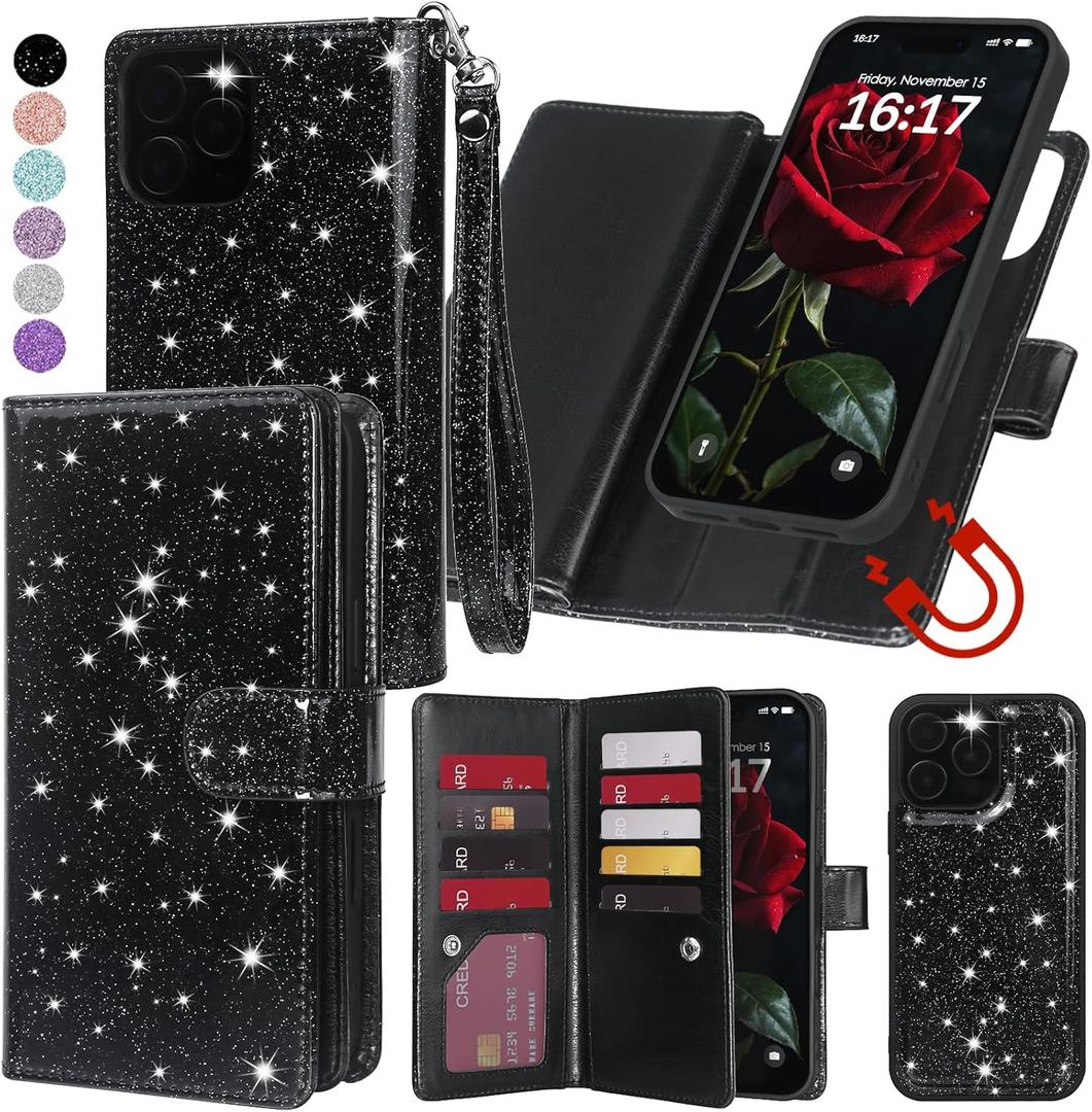 Varikke for iPhone 16 Pro Max Wallet Case Detachable with RFID Blocking Card Holder for Women, Glitter Leather Strap Magnetic Flip Wallet Removable Phone Case for iPhone 16 Pro Max 6.9", Black