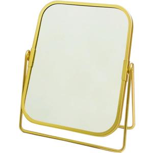 2-Sided Golden Tabletop Makeup Mirror, Double Sided 2X Magnification Vanity Mirror, 360Rotation Dressing Table Mirror (Gold - Rectangle)