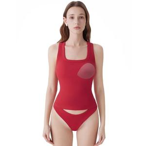 SUUKSESS Womens Padded Cotton Ribbed Tank Tops Square Neck Racerback Basic Tops (Red, L)