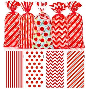 100 PCS Red Stripe Easter Cellophane Treat Bags - 5x11 In Candy Bags with 110 Gold Ties for Kids, Food Grade Plastic Easter Goodie Bags for Cookies, Snacks, Farmhouse Party Favors & Gift Packaging