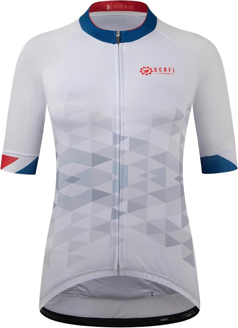 GCRFL Women's Cycling Jersey Short Sleeves Cycle Tops Shirt Bicycle Jersey with 4 Pockets, Women Bike Jersey Zipper Pocket (White, M)