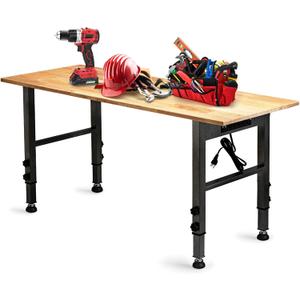 OLBRUS 54.3 "Adjustable Workbench with Power Outlet, Heavy Duty 2000 LBS Load Capacity Hardwood Workbench Suitable for Workshop, Office, Garage, Home (Rubber PadPower Outlets 54.3"x21.6")