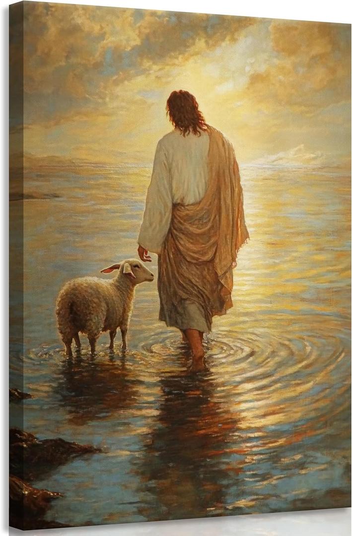 Jesus Walking on Water Wall Art Jesus and Lamb Wall Art Christian Wall Decor Biblical Stories Wall Painting Inspirational Religious Prints God Picture Decoration for Living Room Bedroom 16x24 in