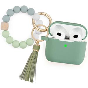 Filoto Silicone Airpod 3rd Generation Case Cover with Bracelet Keychain, Cute Protective Case for Apple Air Pod 3 Wireless Charging Case Women Girl, Cactus Green