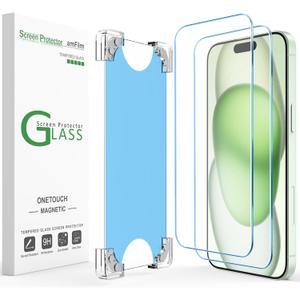 AmFilm 2 Pack Magnetic OneTouch for iPhone 15 Plus 6.7" Screen Protector [Eco Friendly & Reduce Plastic] [Indestructible Ultra 9H Tempered Glass] [15 seconds Auto-Alignment & Ultra Fast Installation]