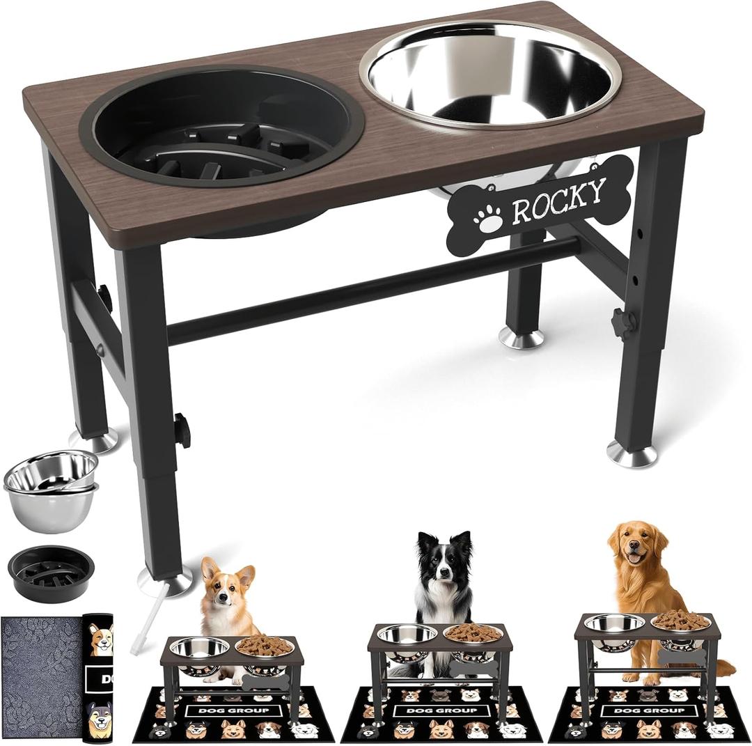 SHAINFUN Elevated Dog Bowls with Slow Feeder & Mat for Medium Large Dogs, Adjustable Height, Raised Dog Bowl Stand with 2 Stainless Steel 58oz Bowls, Tall Dogs Food Water Bowl Wooden & Metal Holder