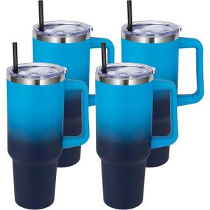 DOMICARE 40 oz Tumbler with Handle and (NOStraw), Stainless Steel Tumbler with Lid and Straw, Reusable Vacuum Insulated Cup, Travel Coffee Mug, Blue Gradient, 4Pack