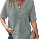 Dokotoo Womens Summer Tops Waffle Knit Short Sleeve Lightweight Drawstring Hoodies Button V Neck Casual Blouses Shirts (Green, M)