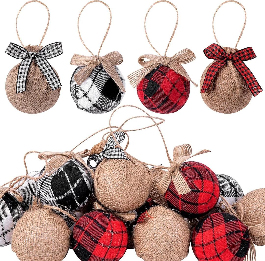 Deloky 16 Pcs Buffalo Plaid Fabric Ball- 2 Inch Christmas Fabric Wrapped Burlap Balls- Rustic Ball Ornaments with Bow for Christmas Tree Party Decoration Supplies