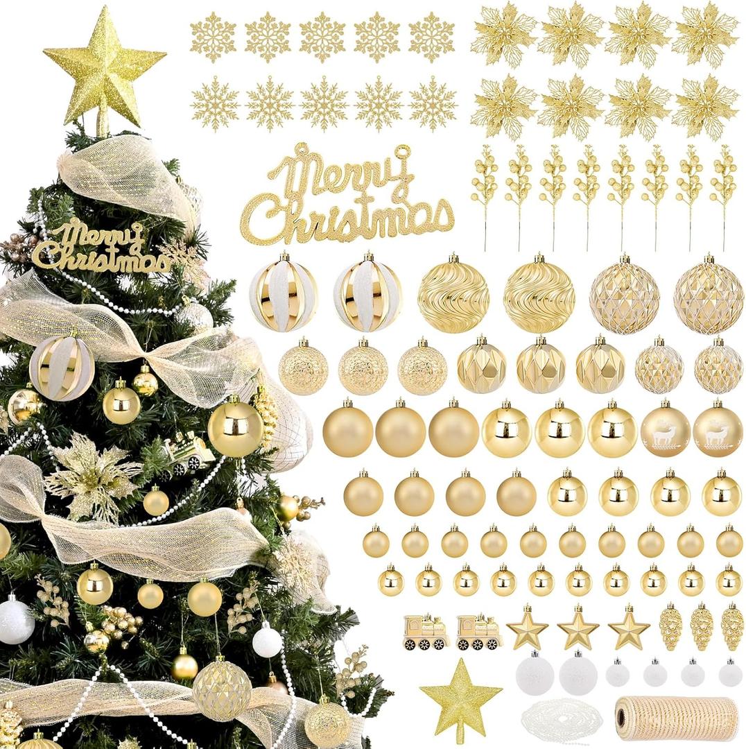 Ktinnead 94 Pcs Christmas Tree Decorations Set, Gold Shatterproof Christmas Tree Hanging Ball Ornaments with Glitter Poinsettia Flowers Decorations Berries Snowflakes for Xmas Party Holiday Wedding