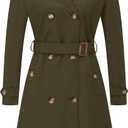 CREATMO US Women's Long Trench Coat Double-Breasted Classic Lapel Overcoat Belted Slim Outerwear Coat with Detachable Hood (Army Green), S