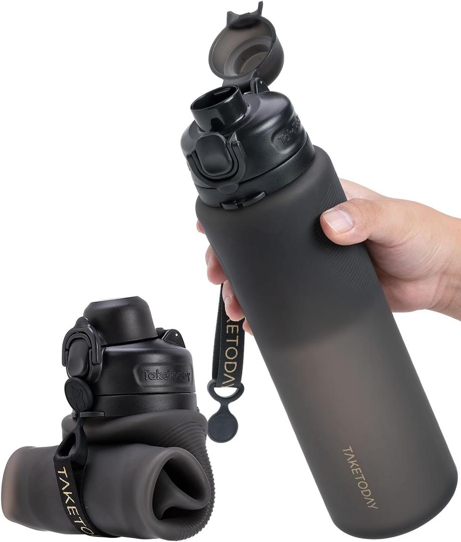 Collapsible 32oz Silicone Water Bottles, Foldable Travel Bottle with Strap, BPA Free, Leakproof for Hiking, International Travel, Outdoors(Black) 
