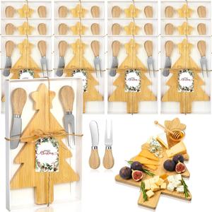 Roshtia 12 Set Christmas Charcuterie Board Gift Bulk Christmas Cutting Boards with Cheese Knives Forks Bamboo Cutting Board for Kitchen Xmas Party Bridal Shower Favor Supplies(Xmas Tree)