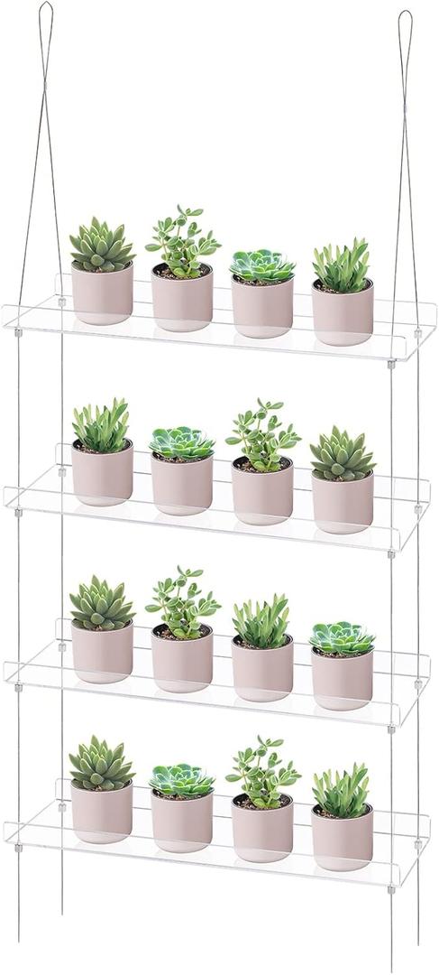Sumerflos 4 Tier Acrylic Window Boxes Plant Shelves for Windows, Hanging Shelves for Indoor Plants, Flower Pot Organizer Storage for Window Grow Herbs, Microgreens, Succulents, Flower (Clear)