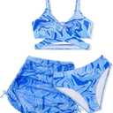 Girls Swimsuits 3 Piece Bathing Suit Allover Printed Criss Cross Bikini Set with Cover Up Skirt Beach Swimwear 7-16 Years (Blue)