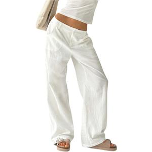 Verdusa Women's Ultra Low Waist Straight Leg Pants Casual Loose Trousers with Pockets (White, L)