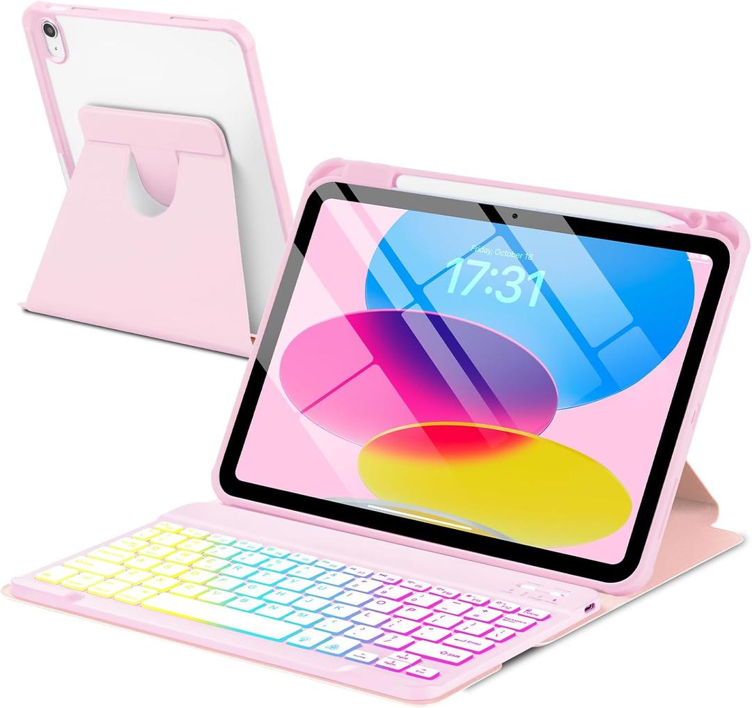 Case with Keyboard for iPad A16 11th 10th Generation 11/10.9 inch,Rainbow Backlit Detachable Keypad Rotatable Magnetic Cover with Pencil Holder for iPad 11 2025 10 Gen 2022 Pink