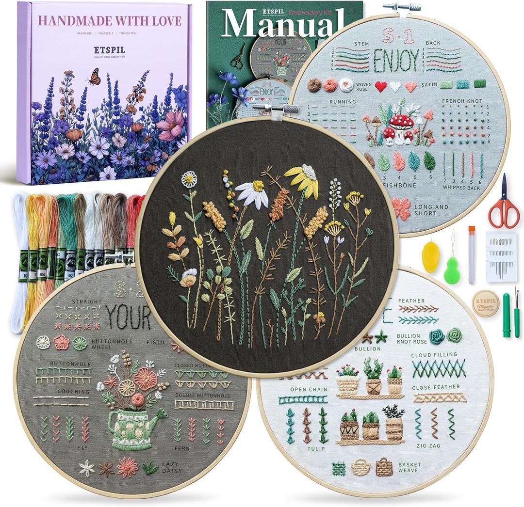 ETSPIL Embroidery Kit for Beginners, 4 Floral Patterns, Learn 33 Stitches, Pre-Printed Fabric, 7.8-Inch Hoop, Colored Threads and Needles, Easy Video Guide, DIY Hand Sewing Gift for Adults and Teens