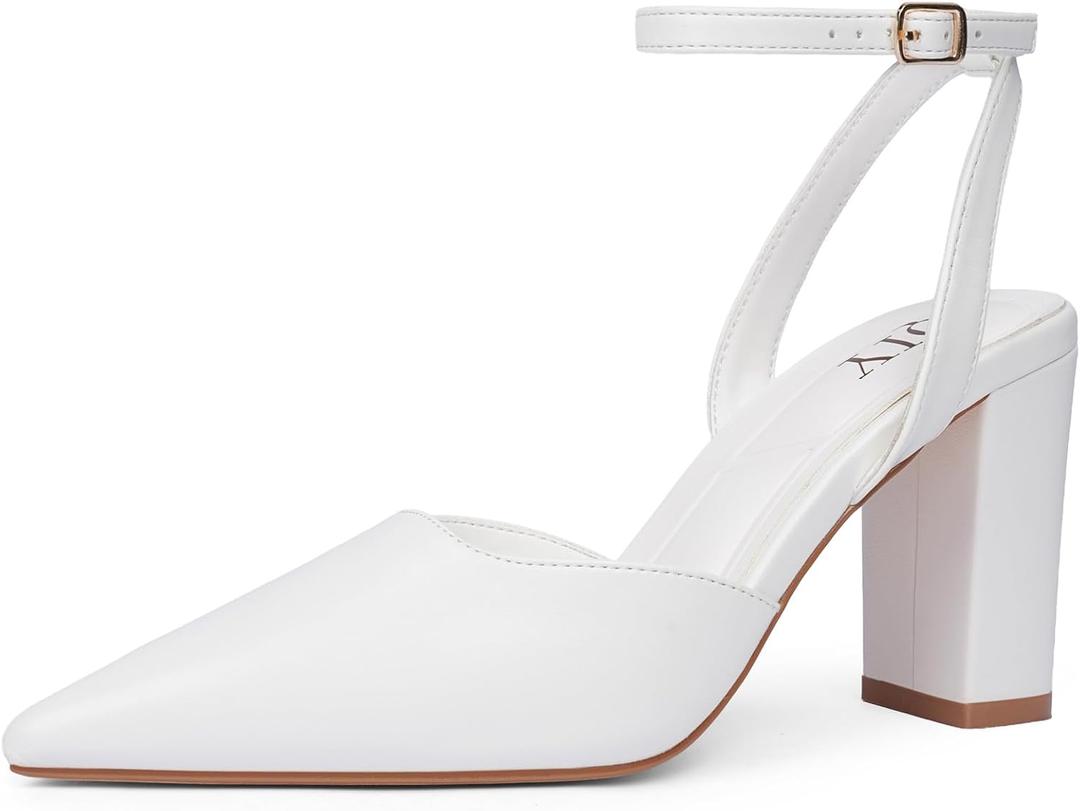 QIY White Closed Toe Heels for Women Pointed Toe Chunky Block Heels for Women White Ankle Strap Slingback Sling Back 3 inch High Heel Women's Pumps Strappy Formal Wedding Dress Shoes Size 6