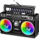 PRUNUS 750 AM FM Radio Portable with Bluetooth Speaker, USB TF Card Playing, Solar/USB-C Rechargeable Radios, Double Speaker, Colorful Light, Transistor Radios Portable AM FM, Bluetooth Radio