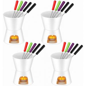 Nuogo 4 Pcs Fondue Pot Set Ceramic Mini Chocolate Fondue Mug Set Melting Bowl with 16 Pcs Mini Forks for Cheese, Chocolate, Tapas, Butter and Caramel, Valentine's Day(White)