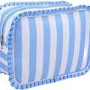 Blue Striped Ruffle Makeup Bag Large Travel Cute Checkered Cosmetic Toiletry Bag with Zipper for Women Girls, Toiletry Pouch Make up Organizer Gift