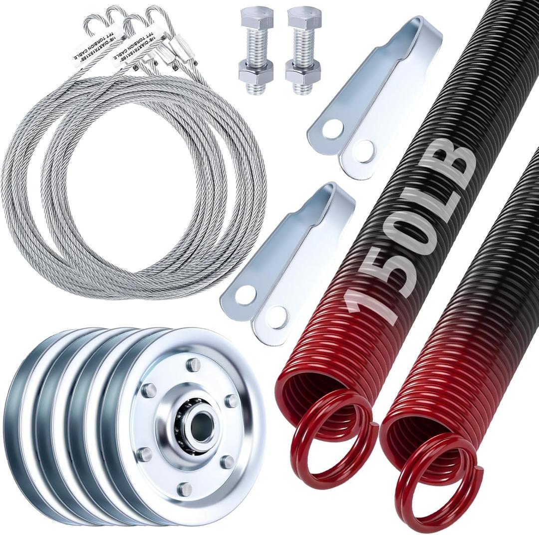 MorningRo Heavy-Duty Double-Looped Garage Door Extension Springs Bundle 150 lb (Red) Springs, 3" Pulleys, and Extension Cables for 7' Feet Garage Door Hardware Parts