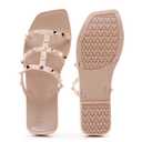 OMGard Womens Studded Sandals Jelly Shoes Ladies Flat, Beige Woman Summer Beach Jellies Slides with Rivets Dressy Cute Slippers Comfortable Slip On, 40
