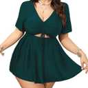 OYOANGLE Women's Plus Size Tankini Sets 2 Piece Drawstring V Neck Short Sleeve Swim Dress Bathing Suits (Green, XL)
