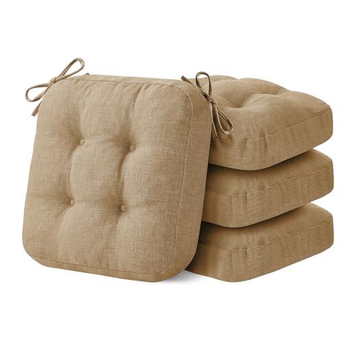 IASEAHK Chair Cushions for Dining Chairs, Dining Chair Cushions, Tufted Indoor Chair Pads with Ties & Non Slip Backing, Seat Cushions for Kitchen Chairs 16.5” x 16.5” x 3.5”, Set of 4, Khaki