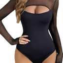 Aranmei Womens Sexy Mock Turtle Neck Long Sleeve Shirts Sheer Mesh Cutout Trendy Going Out Bodysuits Tops (Small, Black)