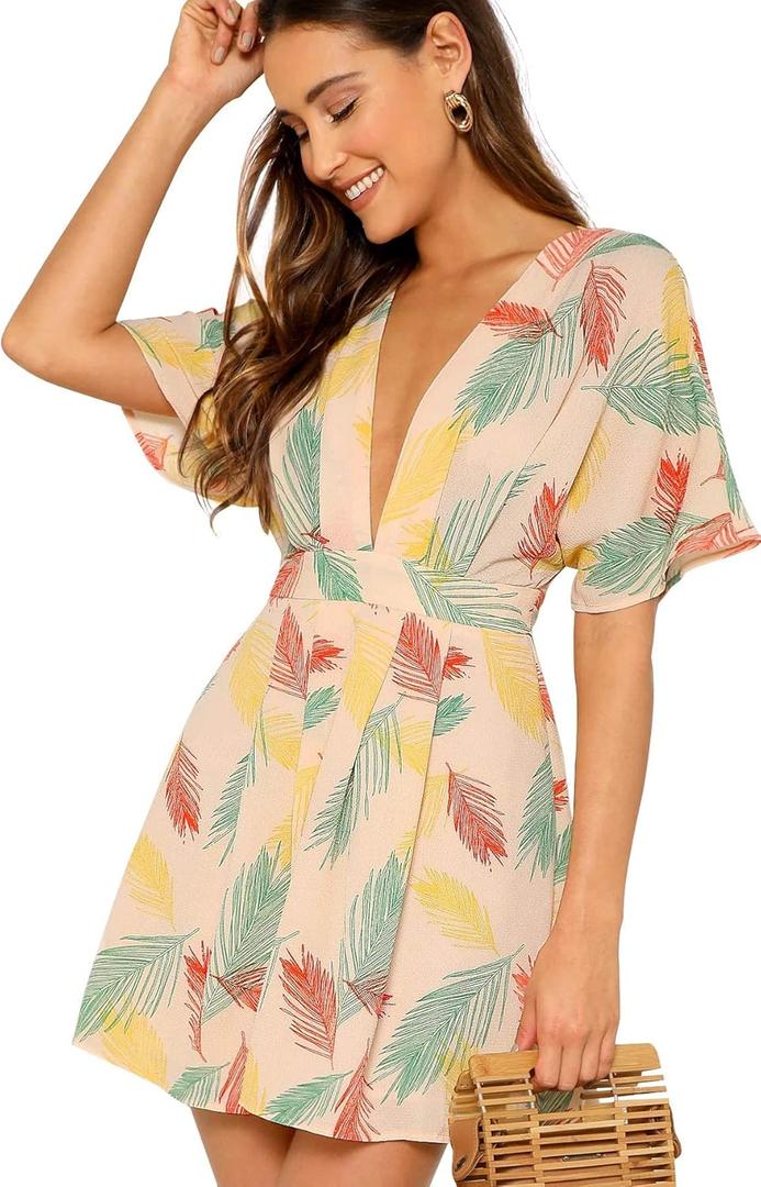Floerns Women's Tropical Floral Plunging V Neck Tie Open Back Summer Short Dress (Multicolor) S