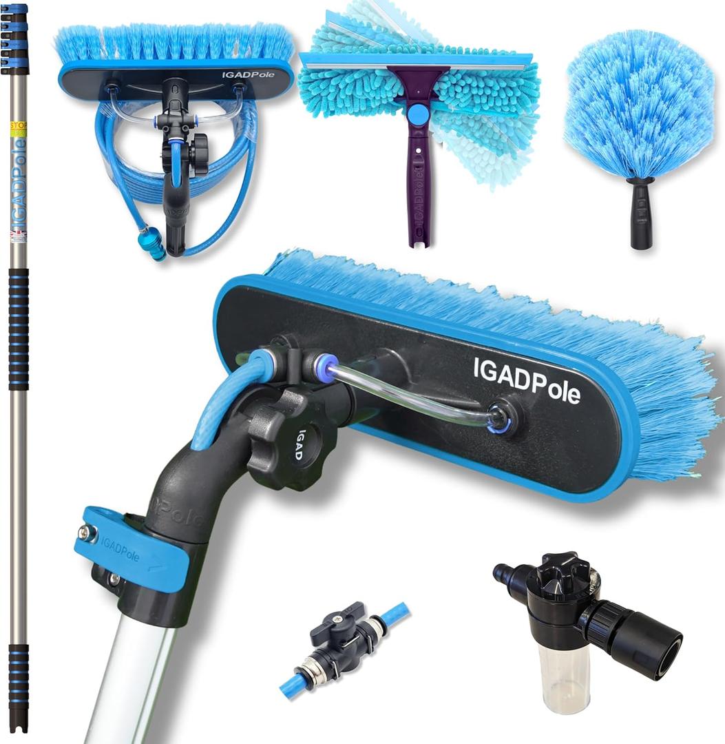 IGADPole 17 FT Water-Fed Washing Kit with Soap-Dispenser, Brush, 10 Squeegee & Cobweb Duster for Windows, Gutters, Solar Panels & Exterior Walls