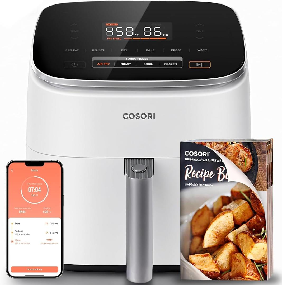 Cosori 9-in-1 TurboBlaze Air Fryer 6 Qt, Smart Control, 90450F, Shake Reminders, Precise Heating for Even Results, Air Fry, Roast, Bake, Broil, Dry, Frozen, Proof, Reheat, Keep Warm, 120V, Cream