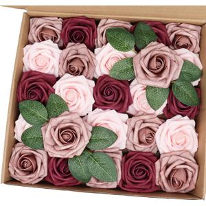 Artificial Flowers 25PCS Real Looking Blush & Dusty Rose & Burgundy Fake Roses with Stem for DIY Wedding Bouquets Centerpieces Baby Shower Party Home Decorations