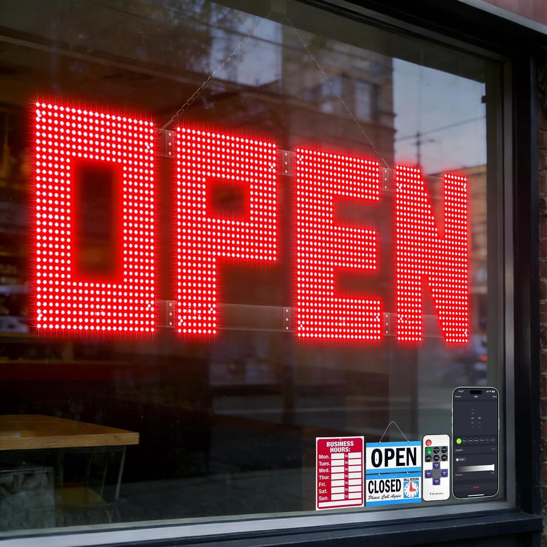 50"x17" Large LED Open Sign with Remote and Bluetooth App, Super Bright Open Signs for Business, Dimmable Big Open Sign for Storefront Window Bar Salon Cafes Retail Shops Red