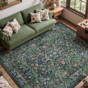 Floral 8x10 Area Rugs for Living Room, Machine Washable Vintage Rug Boho Low Pile Carpets Non Slip Soft Carpet for Farmhouse Bedroom Office Rugs, Kids Room, Nursery Room, Playroom, Green
