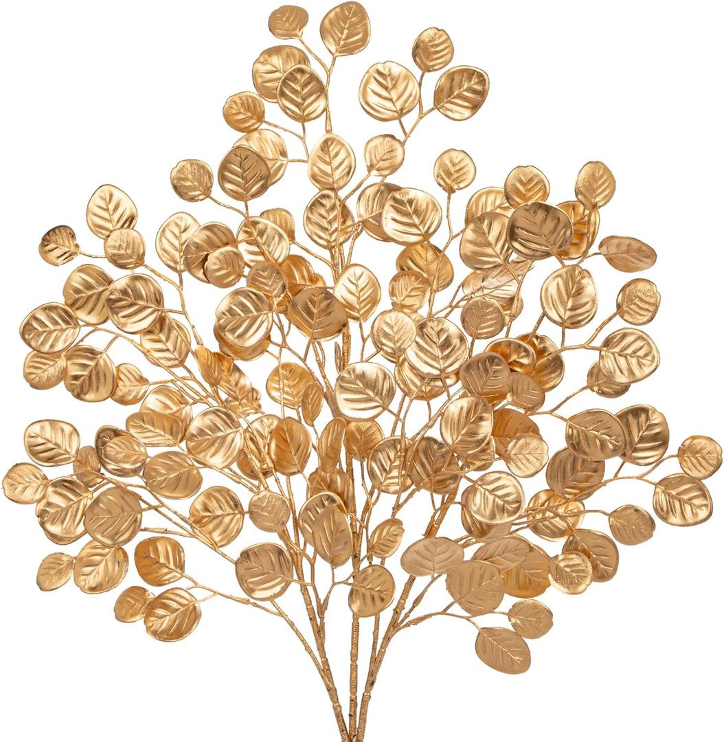 Hollyone 24.8 Christmas Tree Picks and Sprays 3Pcs Golden Artificial Eucalyptus Stems Eucalyptus Silver Dollar Leaves Branches Fake Gold Leaf Floral for Xmas Tree Garland Wreath Wedding Decor