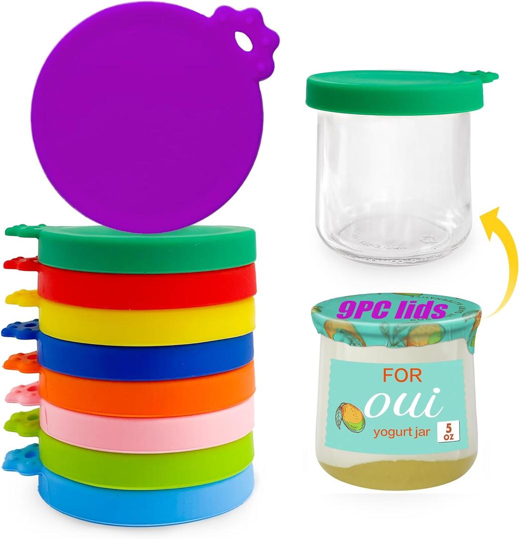 Oui Yogurt Jar Lids - 9 pack Oui Lids for Yoplait Yogurt Container, Sealed against leaks Silicone lids for oui yogurt jars in 9 colors (Silicone Lids 9p)