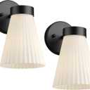 Bathroom Wall Sconce Set of Two, HWH Wall Vanity Light with Frosted White Striped Shade, Industrial Wall Lamp Matte Black for Bathroom Doorway, 5HZG97B-2PK BK
