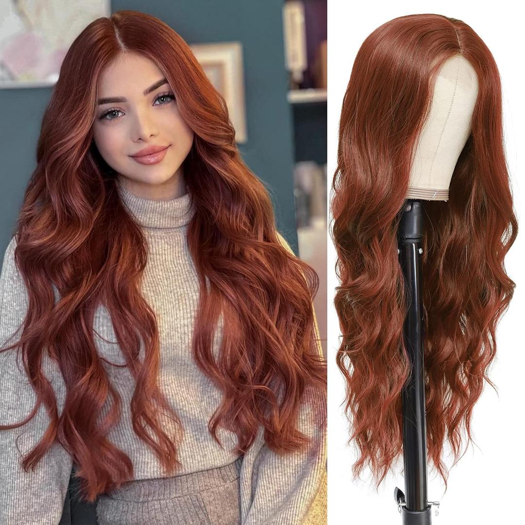 NAYOO Auburn Wig for Women, 26 Inch Long Auburn Wavy Wigs for Women, Natural Looking Cooper Red Wig, Copper Red Cosplay Halloween Wigs