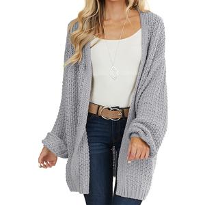 Maroway Womens Cardigan Solid Color Long Sleeve Open Front Chunky Knit Sweater Outwear (Large, Grey)