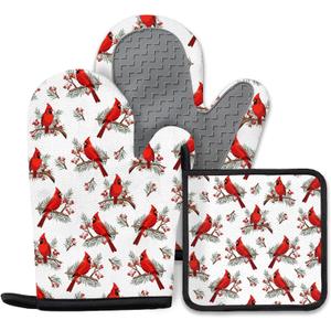 Christmas Cardinal Birds Oven Mitts and Pot Holders Sets of 3, Cardinal Birds Red Berry Decor Oven Mitts, Rdinal Bird Kitchen Decor Heat Resistant Non-Slip Silicone Gloves for Cooking Baking BBQ
