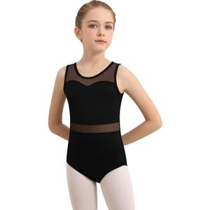 Girls Dance Leotard For Ballet Mesh Tank Dancewear,Mesh Splicing,Water Drop Hollow Back,Full Front Lining (10-12 Years, Black)