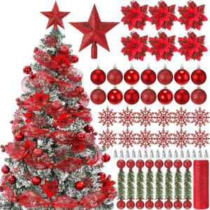 75 Pcs Christmas Tree Decoration Set Gift Christmas Ball Ornament Star Tree Topper Glitter Poinsettia Flowers Hanging Snowflakes Mesh Ribbon Bendable Ties for Xmas Holiday Party(Red)