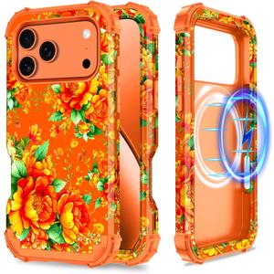 Hekodonk for iPhone 17 Pro Max Case Magnetic,[Compatible with MagSafe] Floral Three Layer Heavy Duty Drop Shockproof Full Protective Women Girls Case for Apple iPhone 17 Pro Max 6.9 inch,All Orange