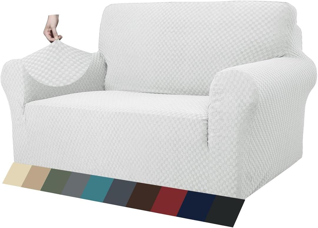 ZNSAYOTX 1 Piece Jacquard Couch Covers for 2 Cushion Couch High Stretch Loveseat Slipcover for Pets Dogs Anti Slip Love Seat Sofa Slipcover Furniture Protector (Medium, White) (Medium (55"-69"))