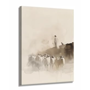 Jesus leaving 99 sheep Canvas Wall Art Jesus and Lamb Wall Decor Picture Good Shepherd Poster Print Bible Story Painting Artwork for Bedroom Home Room Decoration Prepare To Hang 16x24in 
