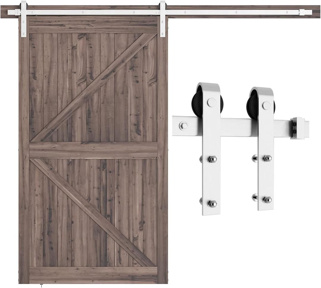 SMARTSTANDARD 8 Feet Brushed Nickel Barn Hardware Kit-Heavy Duty Sliding Track-Smoothly and Quietly-Easy to Install-Fit 42"-48" Wide Door Panel (J Shape Hanger)