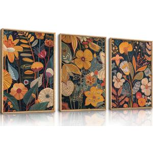 FWIEXA Burnt Orange Floral Framed Wall Art Set of 3, Large Mid Century Modern Flower Canvas Wall Prints, Boho Botanical Wall Decor, 24x36 Inches Neutral Plant Painting for Living Room, Bedroom, Office